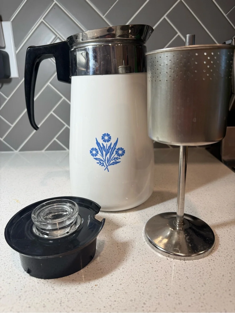 Vintage Corning Ware Cornflower Blue 9 Cup Coffee Percolator Complete P-149